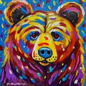 Original Art- Colorful Bear Painting 12x12 - signed by the Artist- Me :)